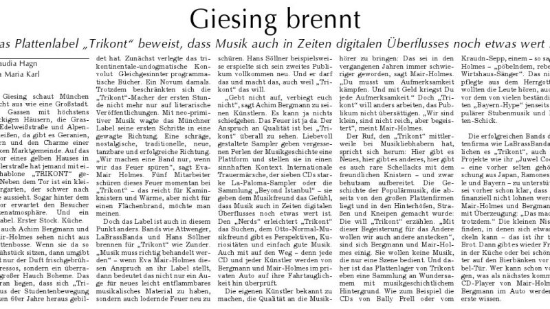 "Giesing brennt" - Artikel über Trikont in der Straubinger / Landshuter / Hallertauer Zeitung